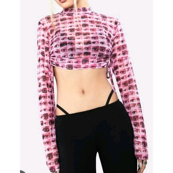 The Ragged Priest High Neck Cropped Ruched Longsleeve Pink Sheer Top Sz 8 - Picture 6 of 7